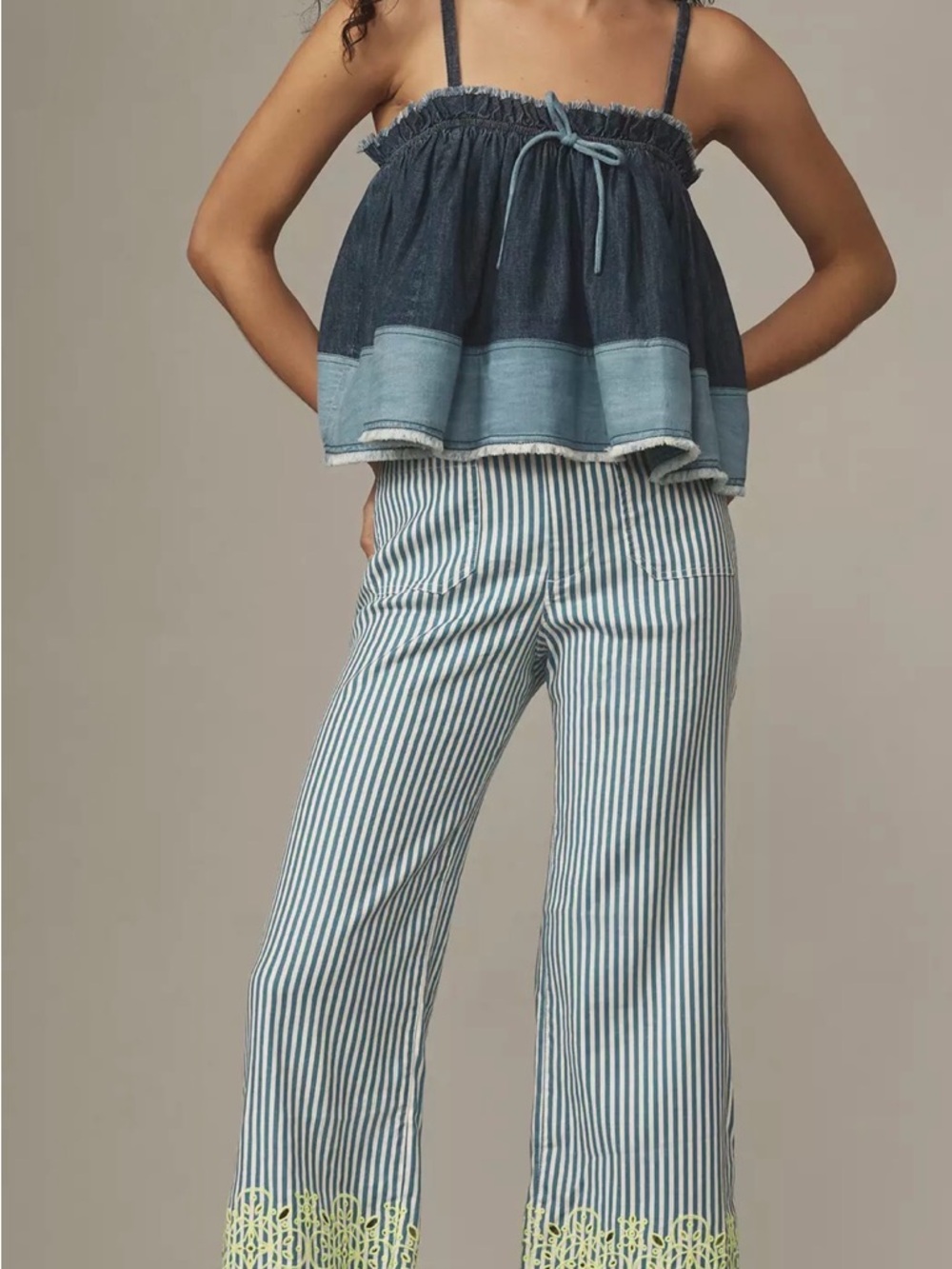 Mauve Blue and White Striped Wide-Leg Pants with Lace Trim